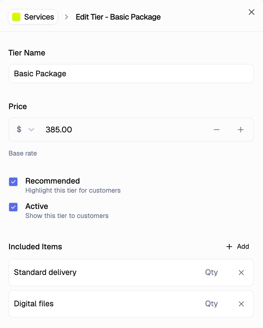 Service record showing package details, pricing, and description
